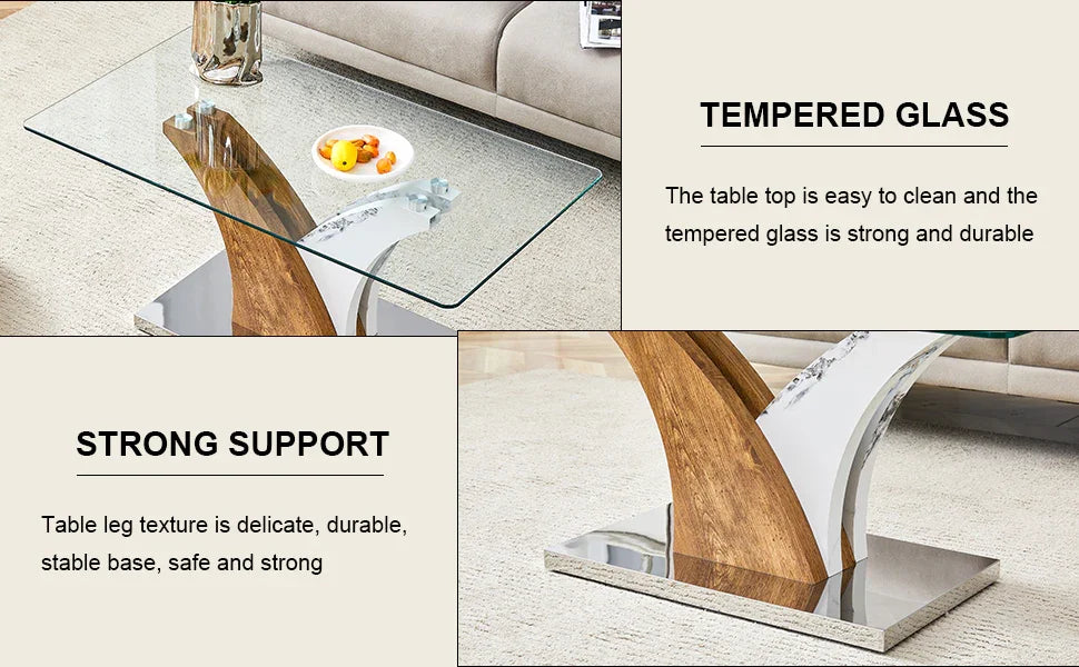 Coffee Table Glass Top With Wooden Base Modern Brown - Furniture Home Direct