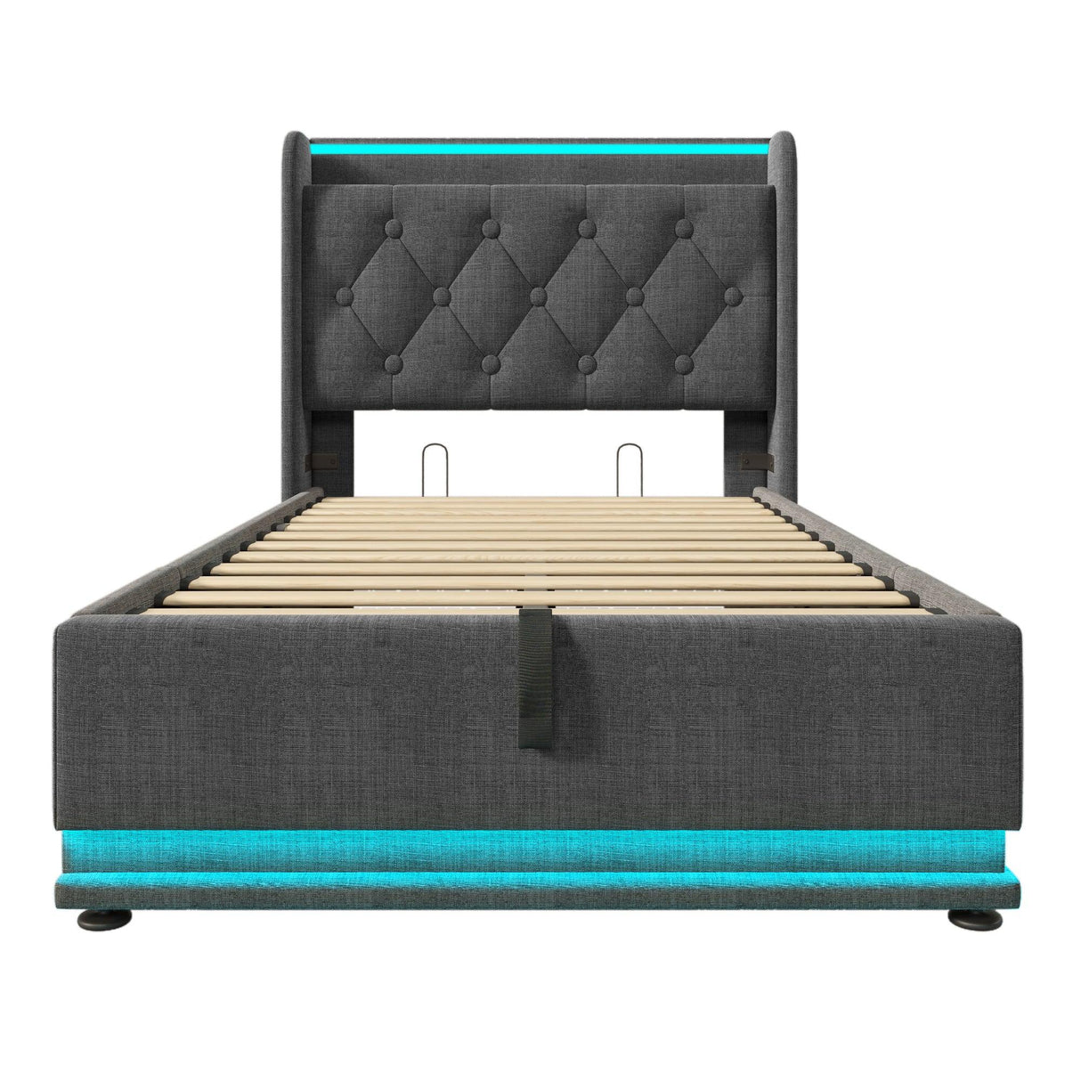 Twin Upholstered Bed 360 Surround LED Lighting USB C Gray - Furniture Home Direct