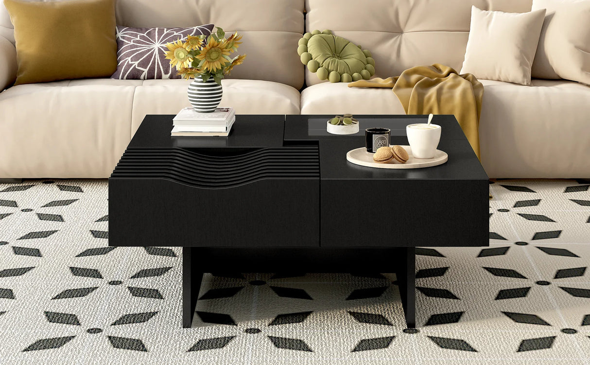 Coffee Table Mid Century Modern Wood Slotted Surface Black - Furniture Home Direct