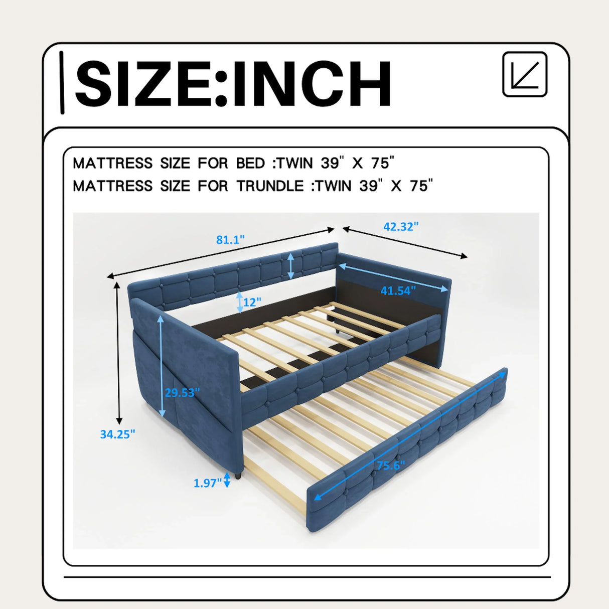 Upholstered Twin Size Daybed Bed Frame (Corner Bed) With Trundle, Velvet Fabric, Studding Design, No Box Spring Required - Furniture Home Direct