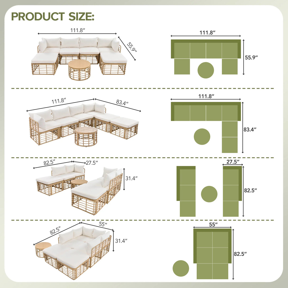 7 Piece Outdoor Patio All-Weather Rattan Sectional Sofa Set With Thick Cushions And Pillows - Beige - Furniture Home Direct