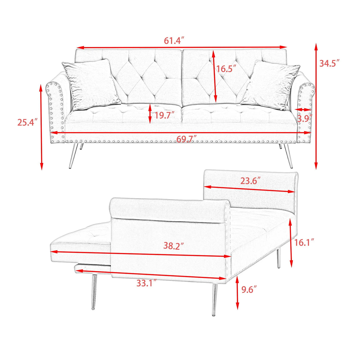 Luxurious Velvet Sofa Bed With Nail Head Trim And Matching Pillow - Furniture Home Direct