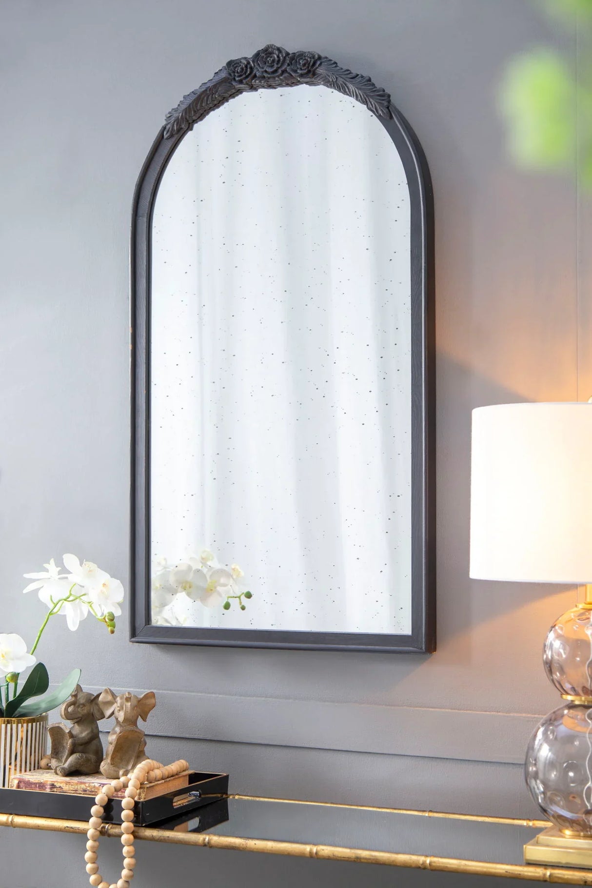 Hand Carved Rose Antique Mirror Frame, Wood Arch Mirror Wall Decor For Living Room - Furniture Home Direct