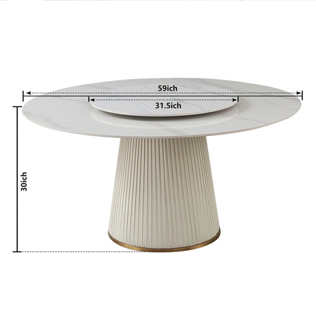 Modern Sintered Stone Dining Table With Turntable And Wood Metal Pedestal With 4 Chairs - Beige / White - Furniture Home Direct