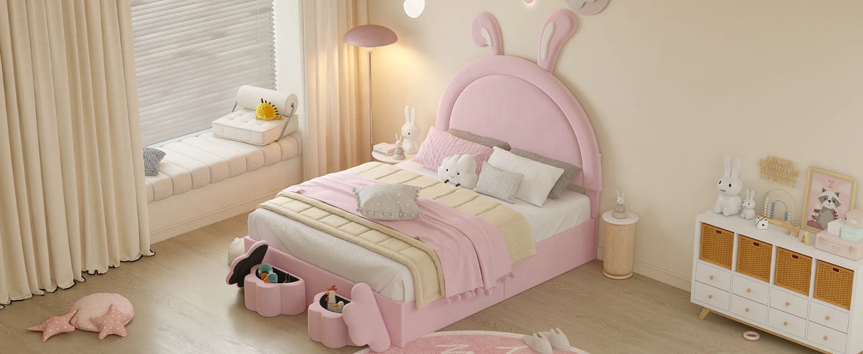 Rabbit Shaped Bed With Storage Stools Upholstered Pink - Furniture Home Direct