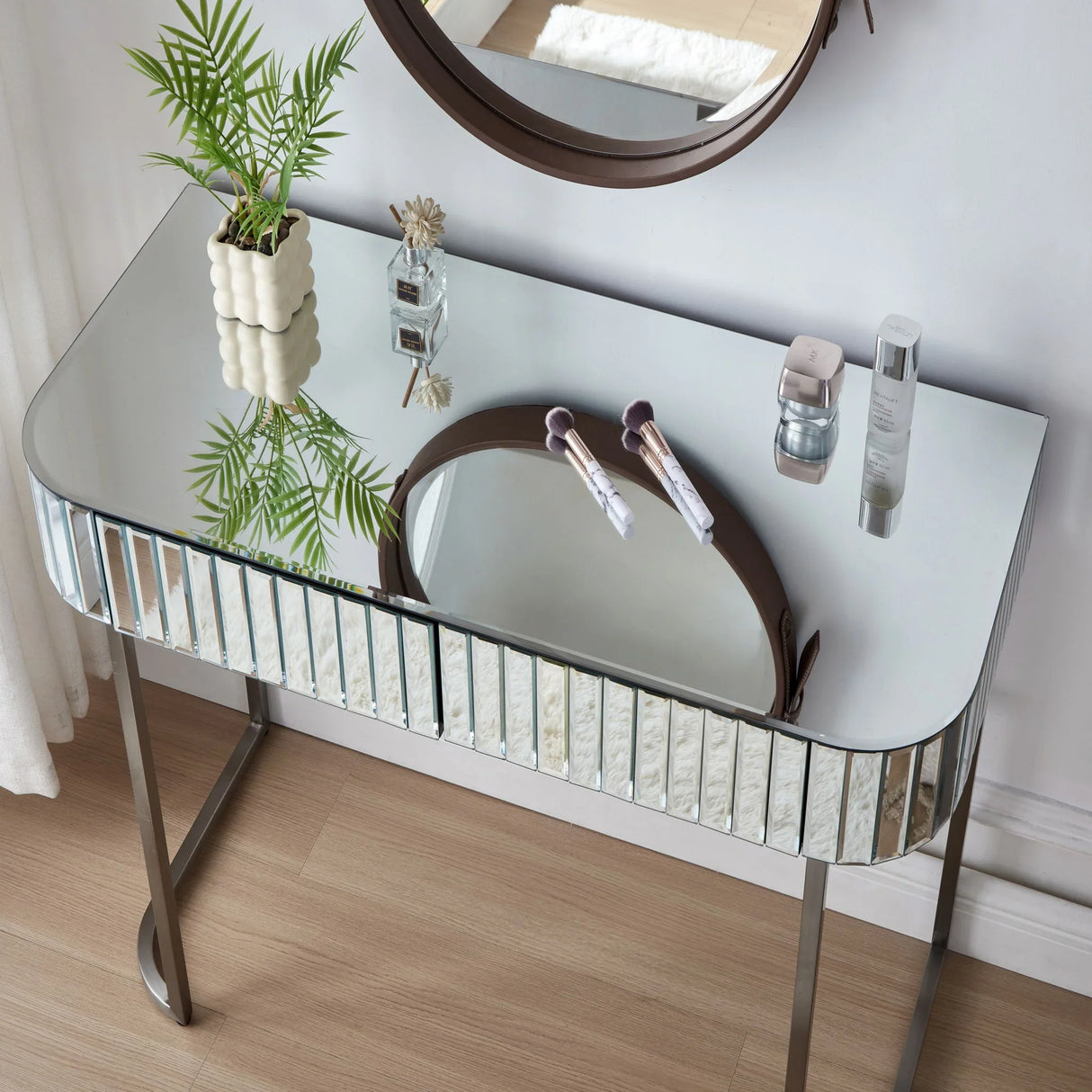Mirrored Makeup Vanity Table With Stainless Steel Base And 2 Drawers - Furniture Home Direct