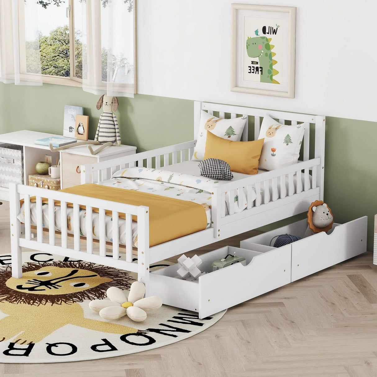 Platform Bed With Guardrails On Both Sides And 2 Storage Drawers - Furniture Home Direct