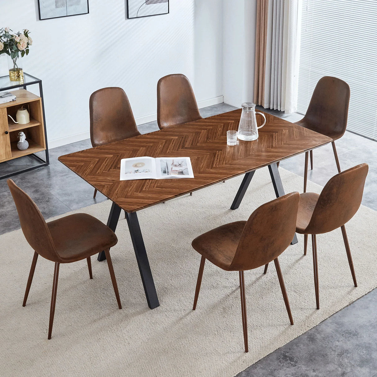 Suede Backrest Chairs With Metal Legs & Herringbone Dining Table Set - Furniture Home Direct