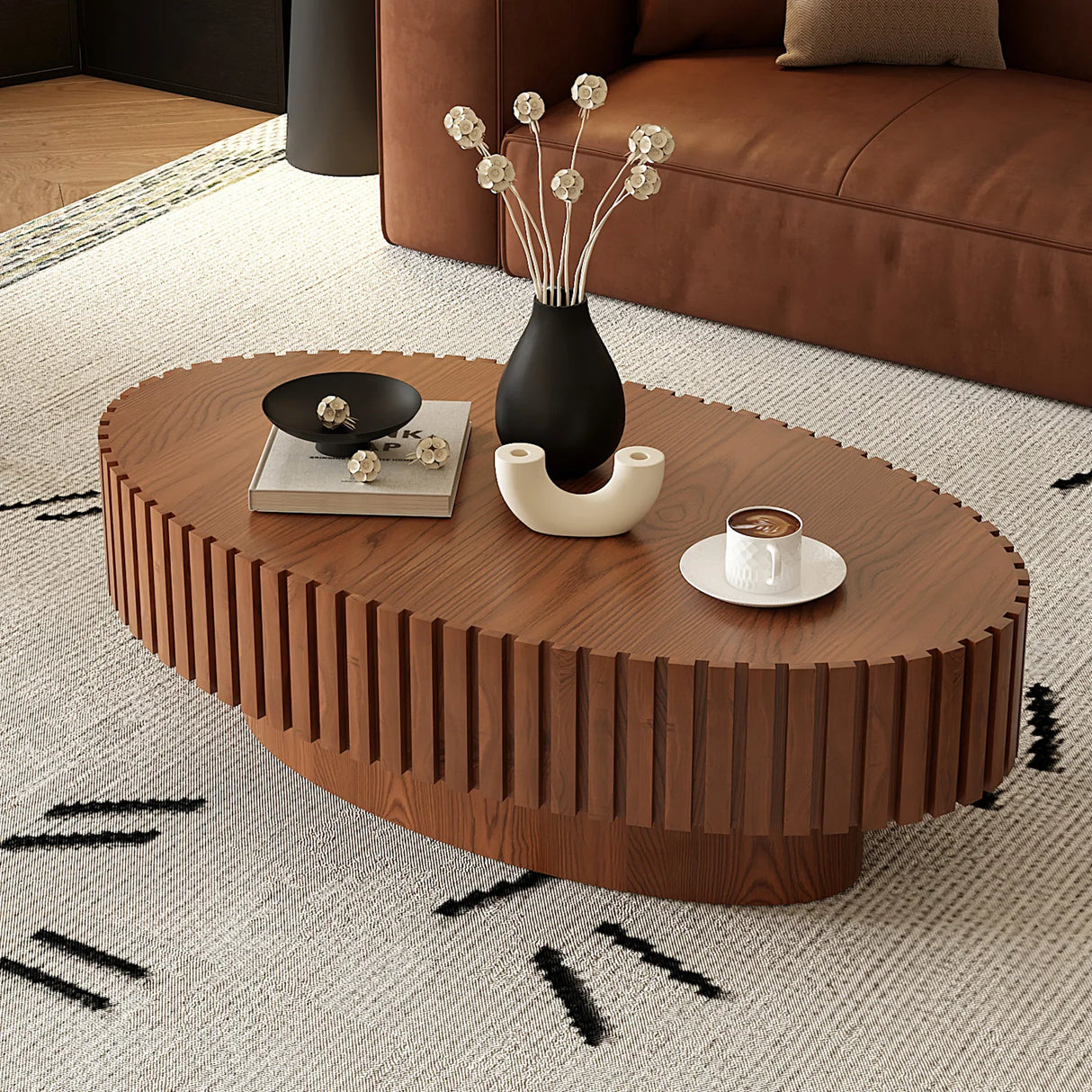 Coffee Table Oval Wood Slatted Rivet Detail Modern Brown - Furniture Home Direct