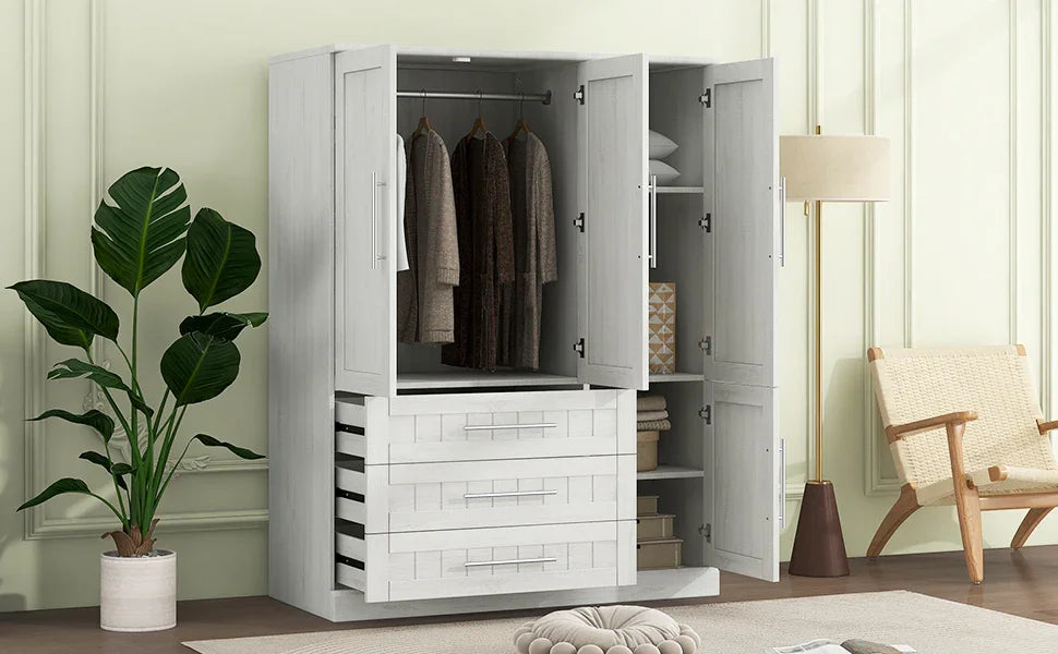 Wardrobe With 4 Doors And 3 Drawers Solid Wood White - Furniture Home Direct