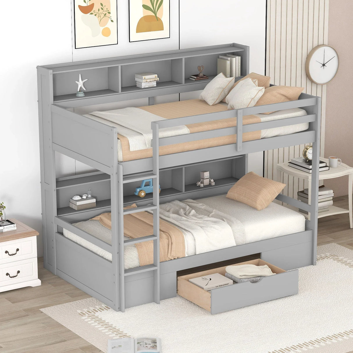 Twin Size Bunk Bed With Built-In Shelves Beside Both Upper And Down Bed And Storage Drawer - Furniture Home Direct