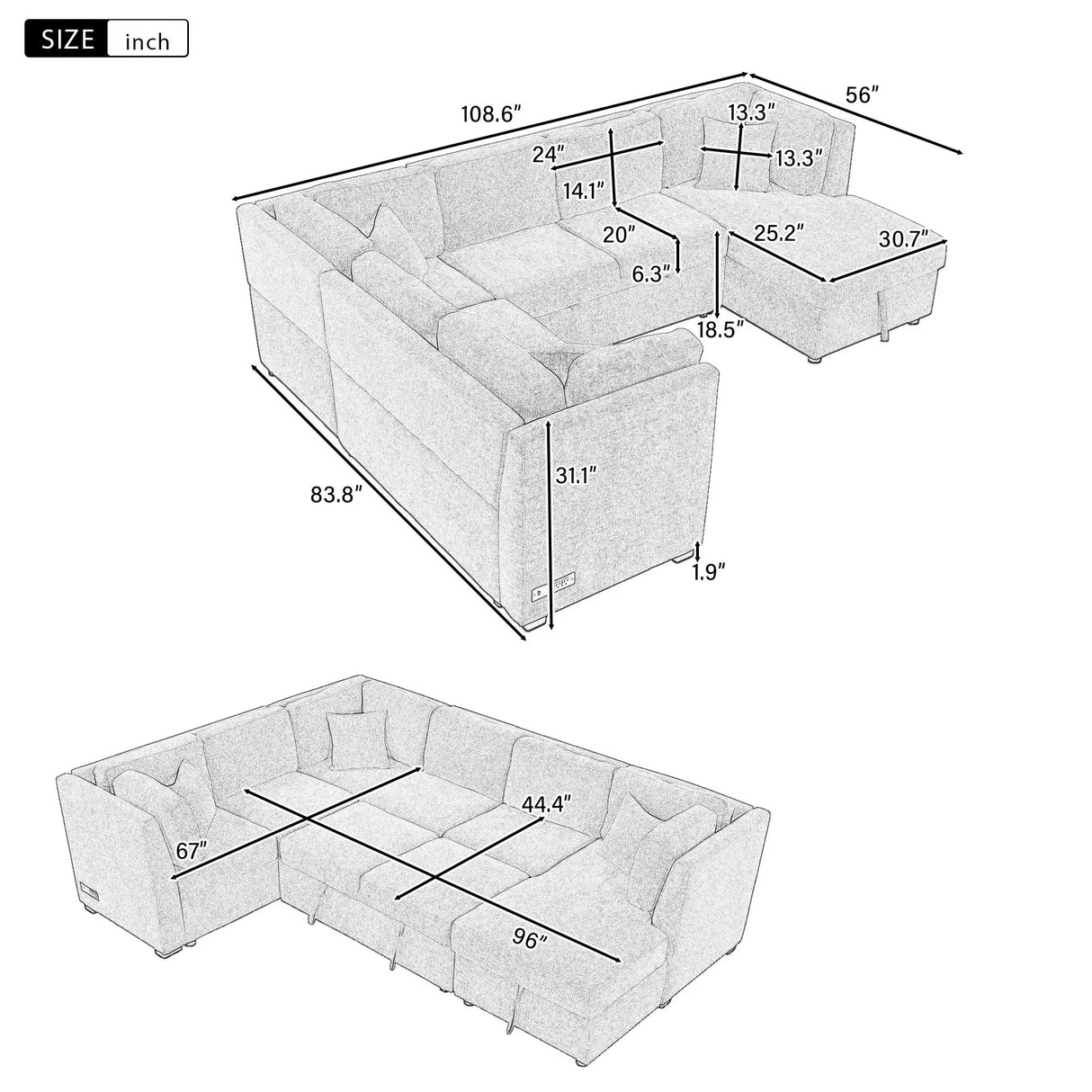 U-Shaped Sectional Sofa Pull Out Sofa Bed With Two USB Ports, Two Power Sockets, Three Back Pillows And A Storage Chaise For Living Room - Furniture Home Direct