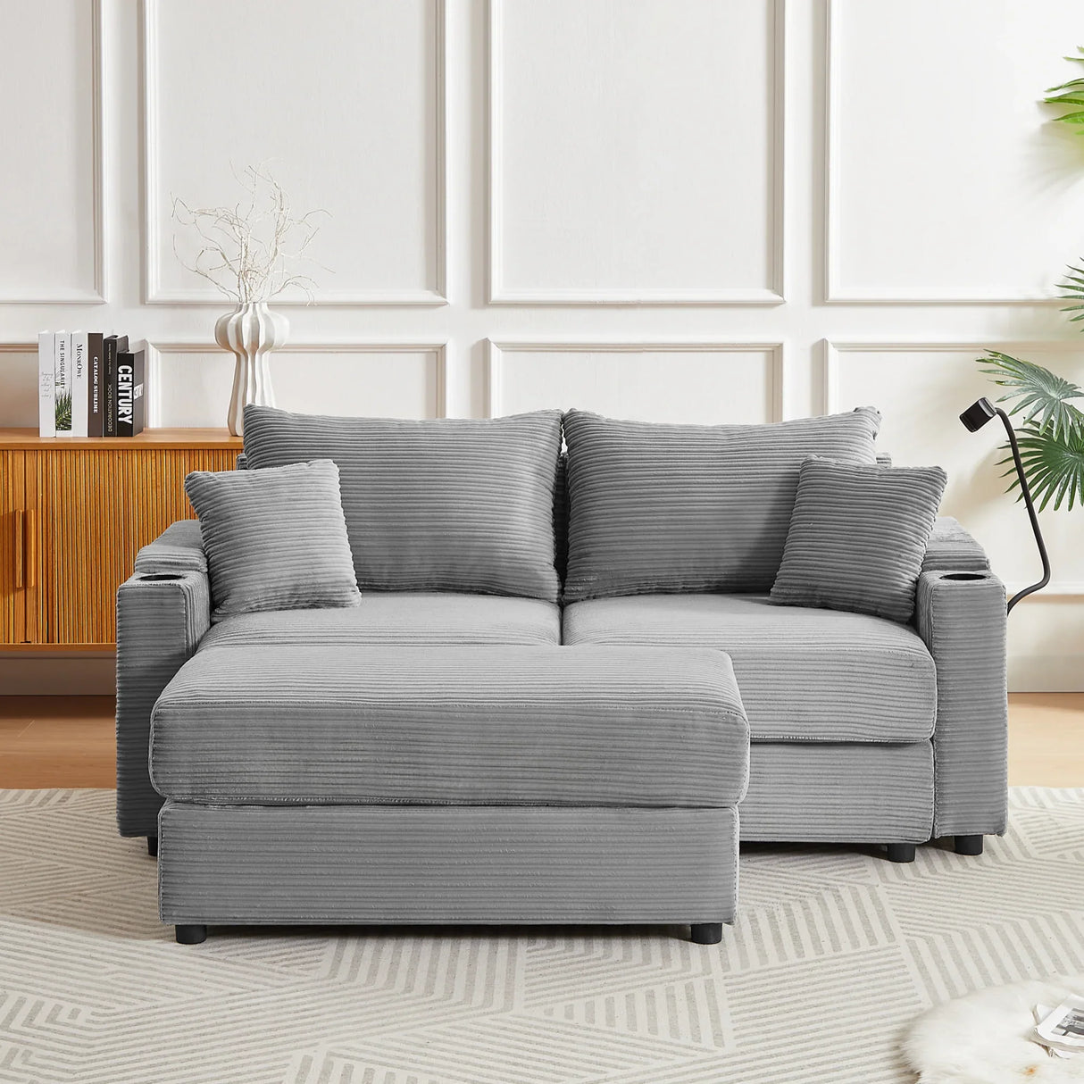 Modern Style Loveseat With Storage, Ottoman, Two USB Ports, Two Cup Holders and Phone Holder - Gray - Furniture Home Direct