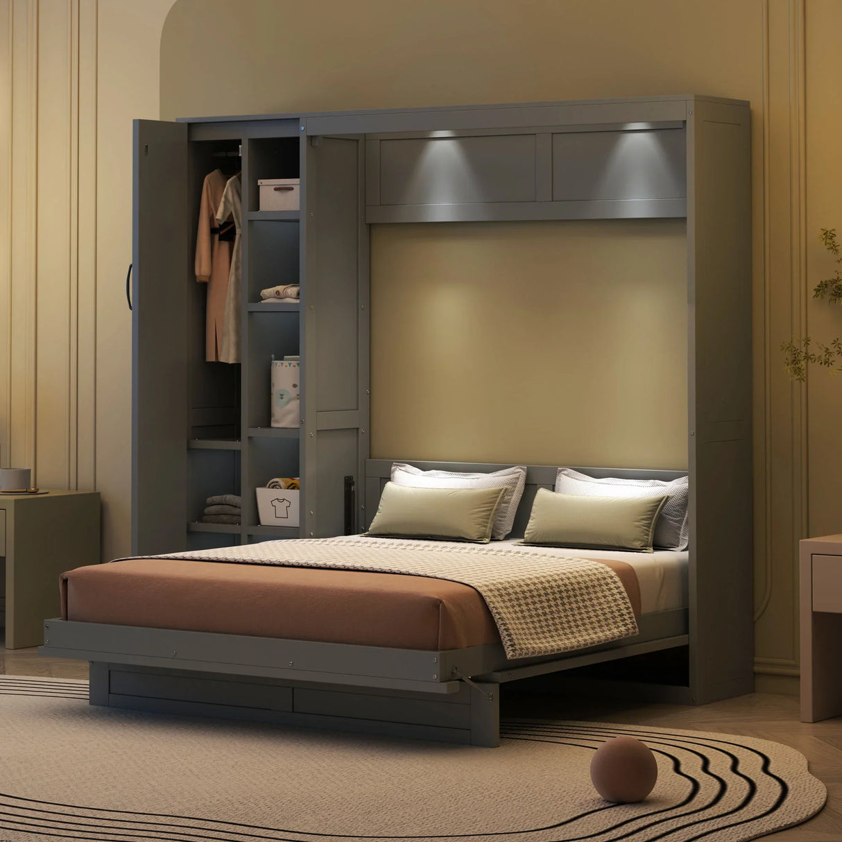 Murphy Wall Bed With Shelves, Wardrobe And LED Lights - Furniture Home Direct