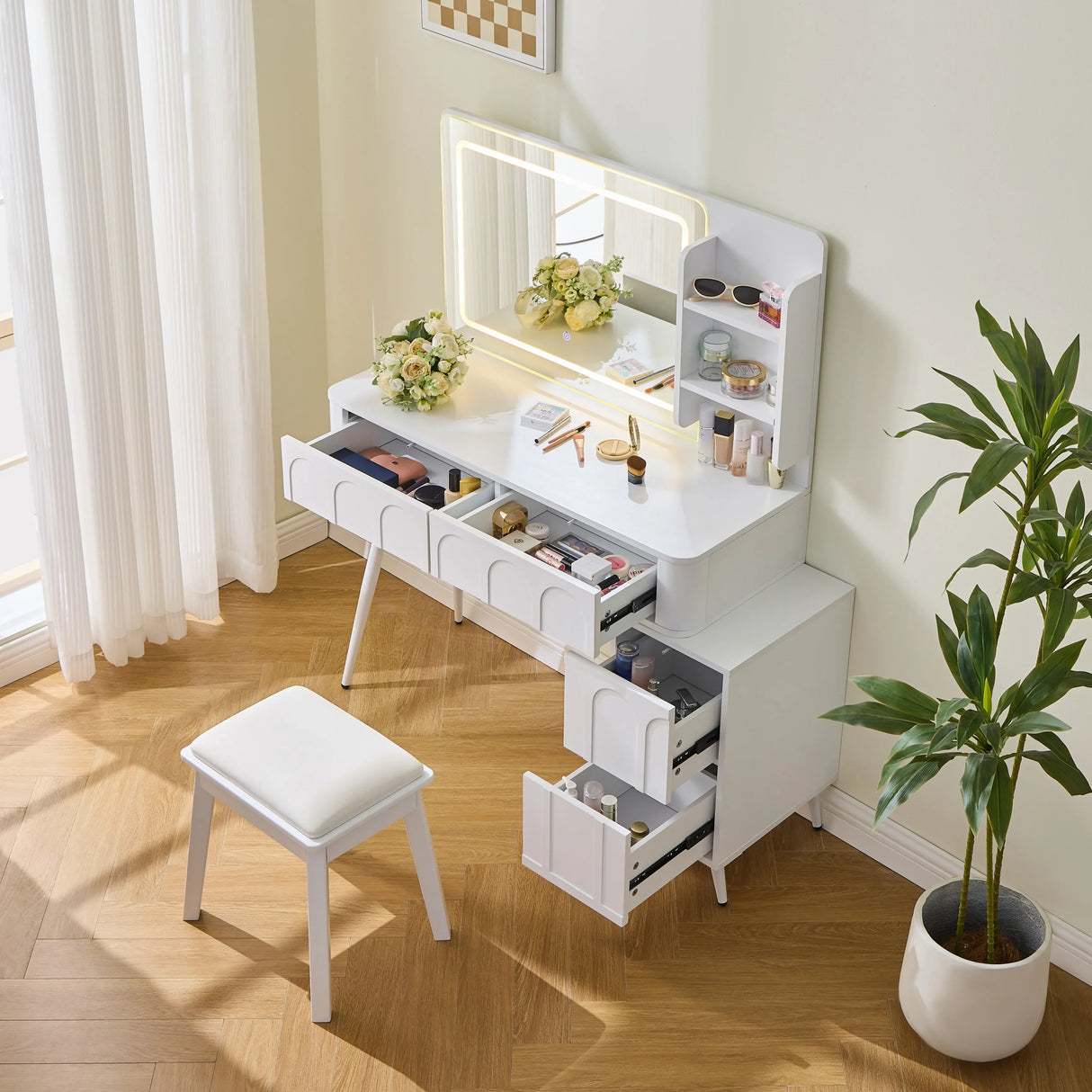 Vanity Desk With LED Mirror And Stool With Storage White - Furniture Home Direct
