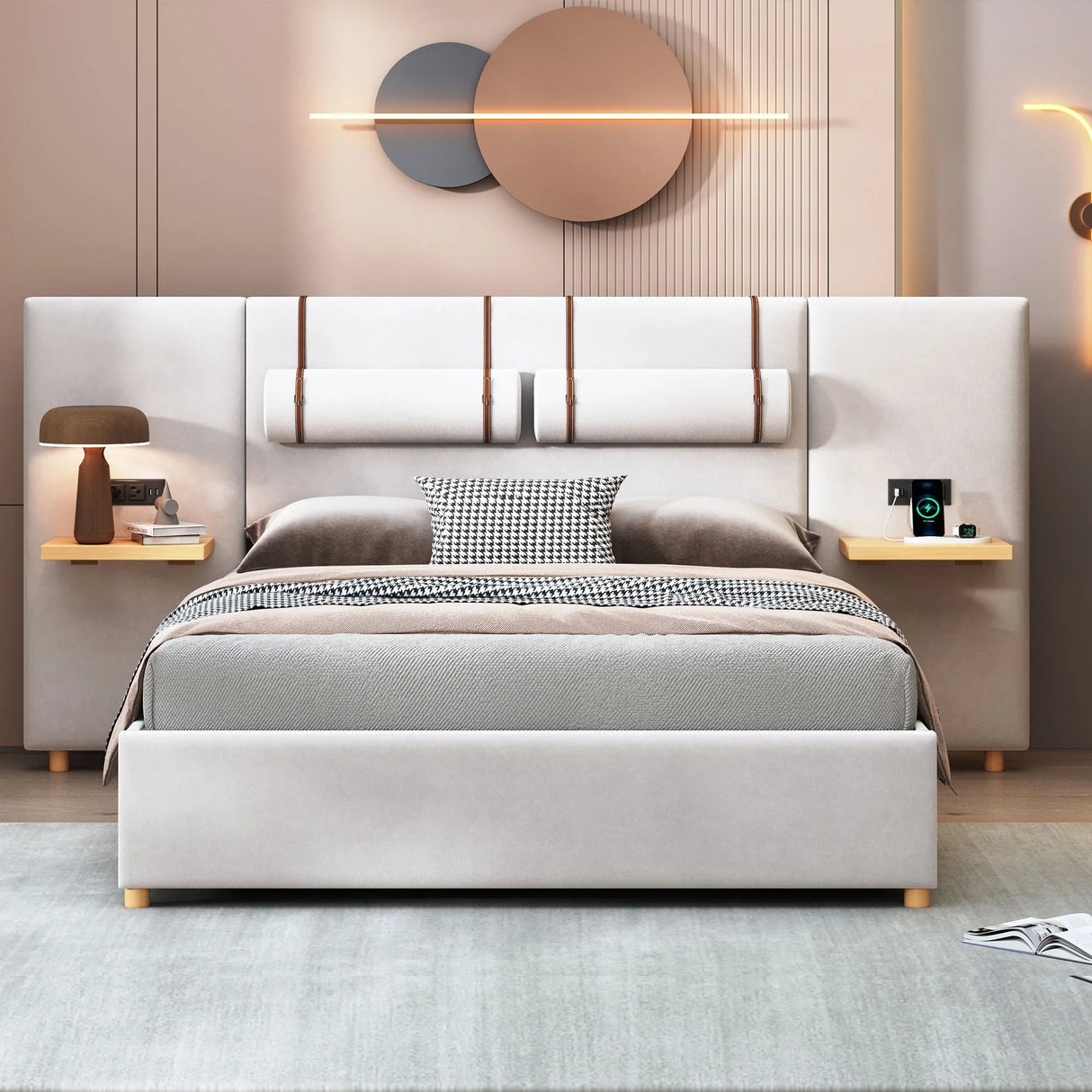 Upholstered Platform Bed, 2 Outlets And USB Charging Ports On Both Sides, 2 Bedside Pillows, Storage Shelves - Furniture Home Direct