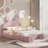 Full Size Upholstered Platform Bed with Cartoon Ears Shaped Headboard and Light, Pink - Furniture Home Direct