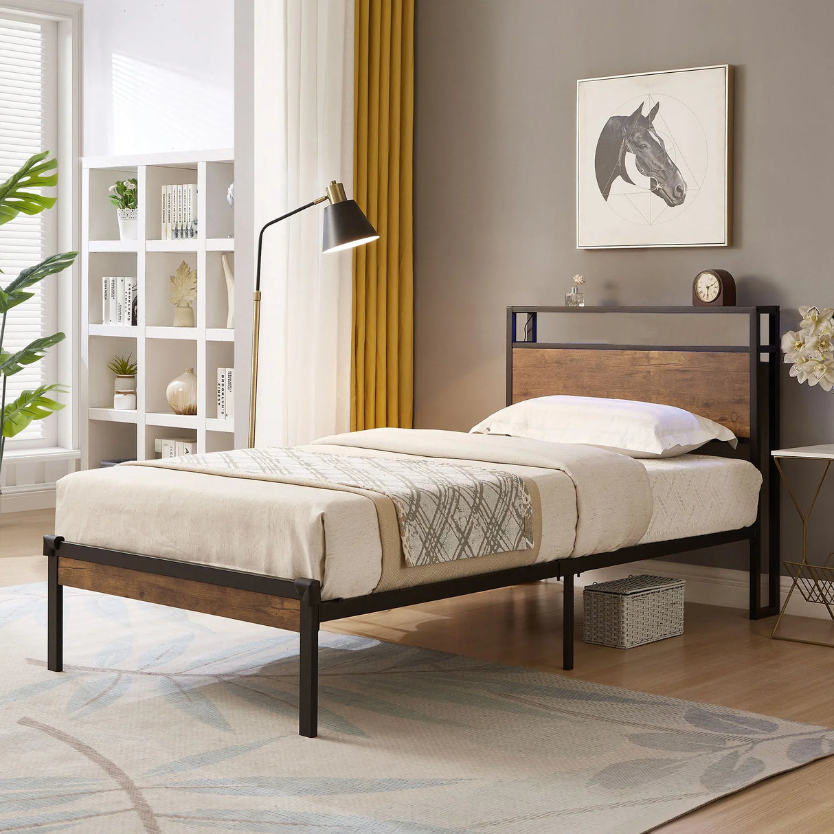 Platform Bed Frame With Wooden Headboard And Footboard, USB Liner - Furniture Home Direct