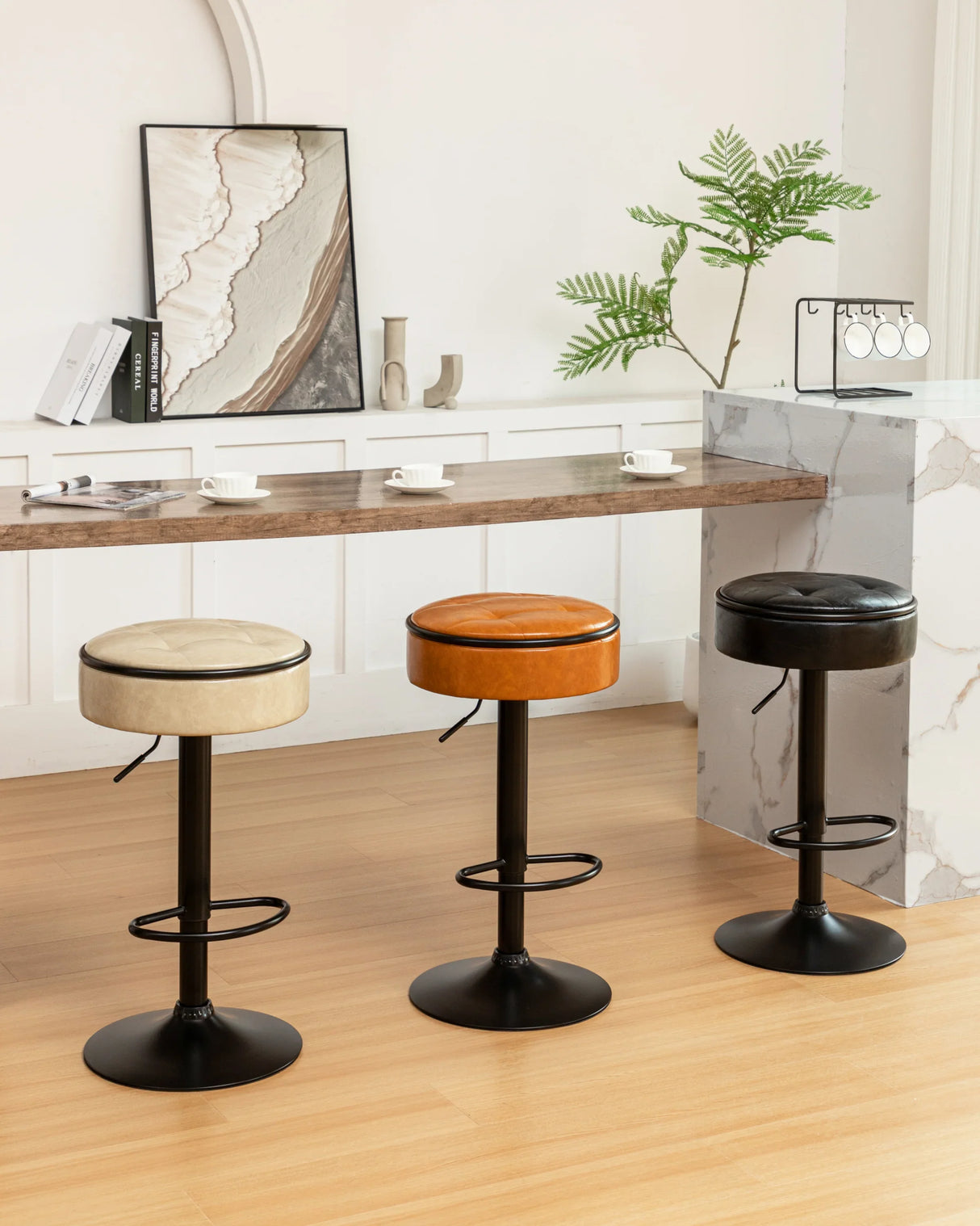 Bar Stool Round Tufted PU Leather Adjustable Height Brown - Furniture Home Direct