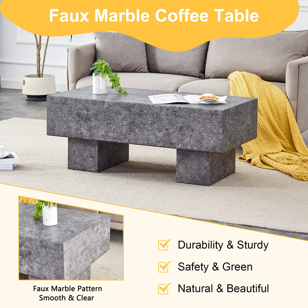 Coffee Table Modern Minimalist Stone Look MDF Textured Gray - Furniture Home Direct
