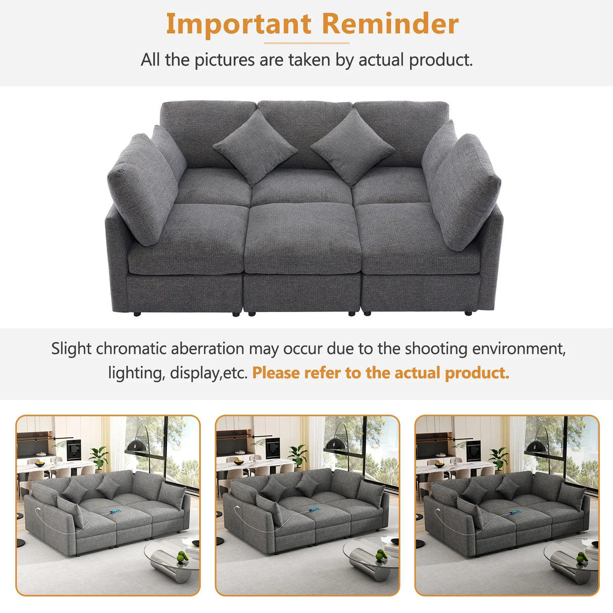 Sectional Sofa, Modular With USB Ports And Ottoman, Grey - Furniture Home Direct