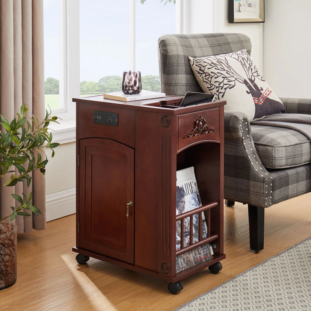 Traditional End Table With Charging Station, Narrow Side Table With USB Ports And Outlets - Red Walnut - Furniture Home Direct