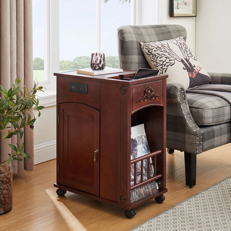 Traditional End Table With Charging Station, Narrow Side Table With USB Ports And Outlets - Red Walnut - Furniture Home Direct