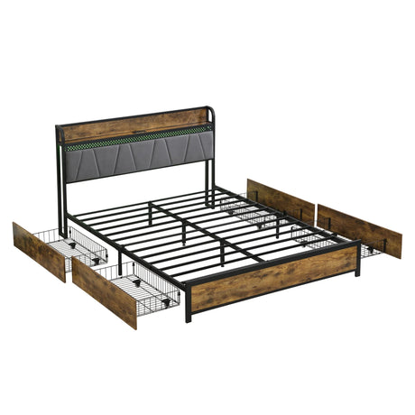 Contemporary Bed Frame With Storage Headboard, Charging Station, LED Lights - Furniture Home Direct
