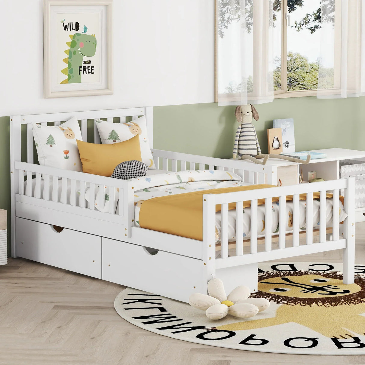 Platform Bed With Guardrails On Both Sides And 2 Storage Drawers - Furniture Home Direct