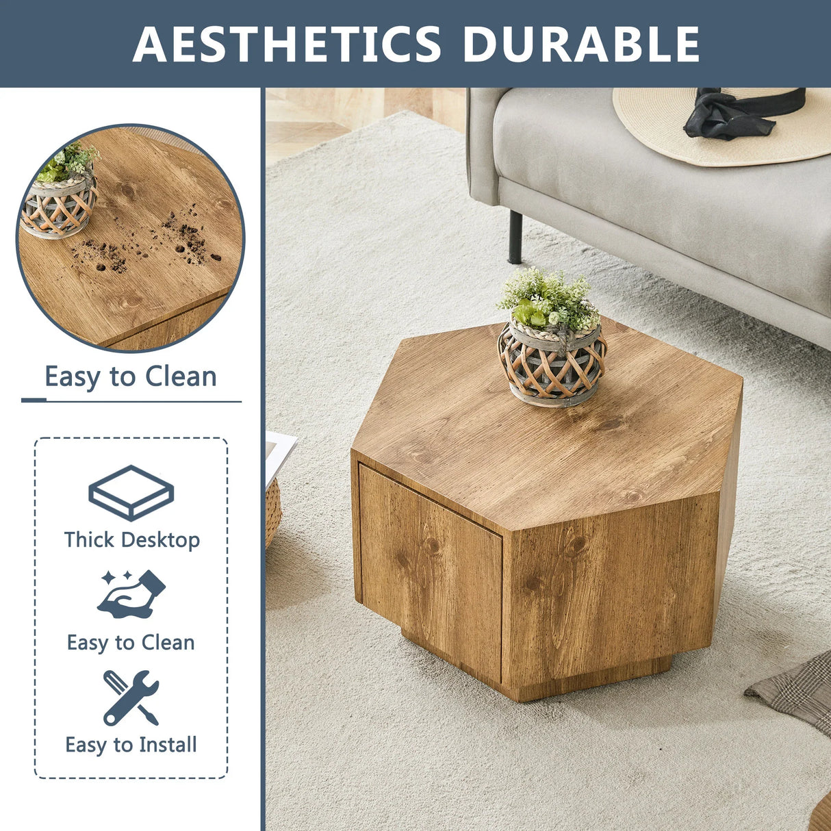 Coffee Table Hexagonal Drawer Unit Sleek Natural Wood - Furniture Home Direct