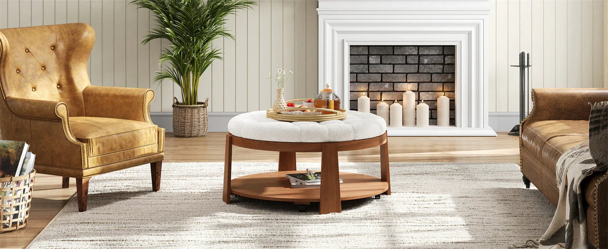 Round Ottoman Coffee Table with Upholstered Top Ivory White - Furniture Home Direct
