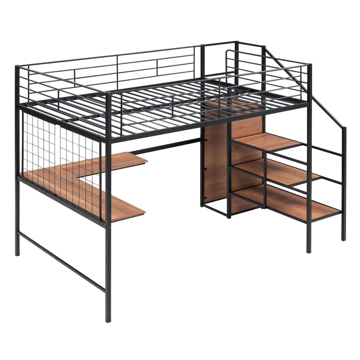 Loft Bed With Desk And Grid, Stylish Frame With Lateral Storage Ladder And Wardrobe - Furniture Home Direct