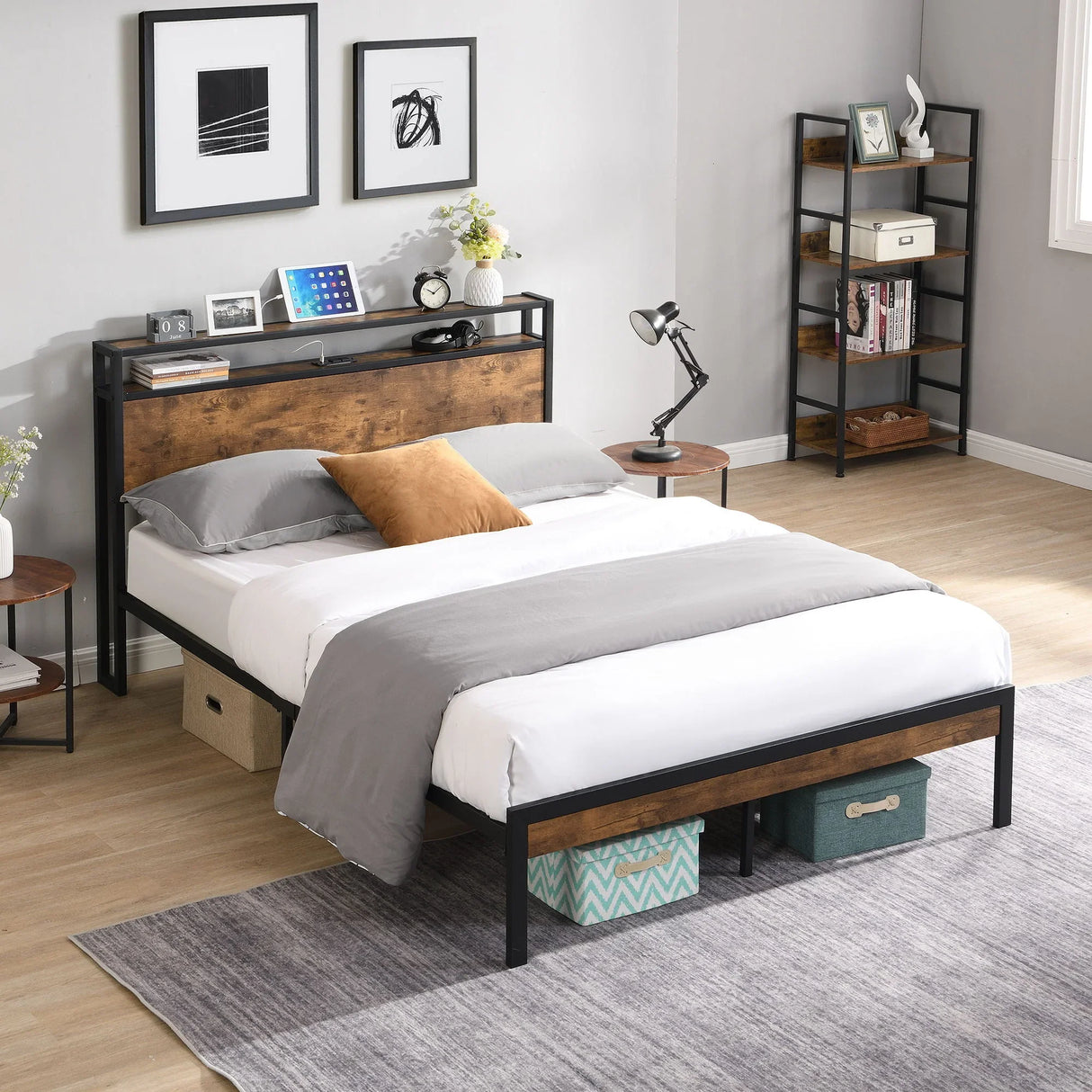 Metal Platform Bed Frame With Wooden Headboard And Footboard With USB Liner, No Box Spring Needed, Under Bed Storage - Furniture Home Direct