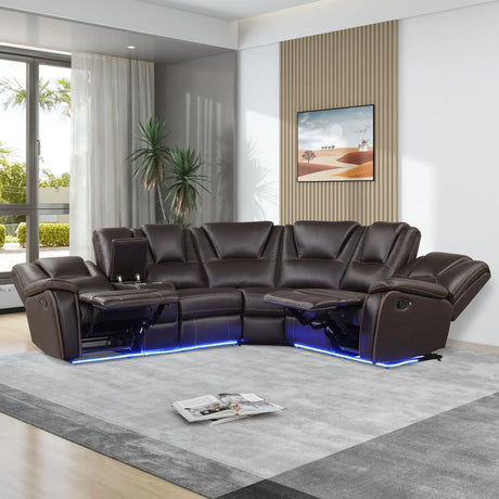 Modern Faux Leather Manual Reclining With Center Console And LED Light Strip, Living Room Furniture Set, PU Symmetrical Couch With 2 Cup Holders And Storage For Living Room - Furniture Home Direct