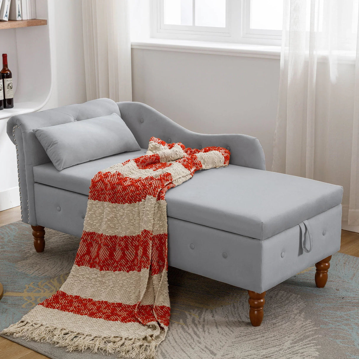 Chaise Lounge Indoor, Velvet Lounge Chair For Bedroom With Storage & Pillow, Modern Upholstered Rolled Arm Chase Lounge For Sleeping With Nailhead Trim For Living Room Bedroom Office - Furniture Home Direct