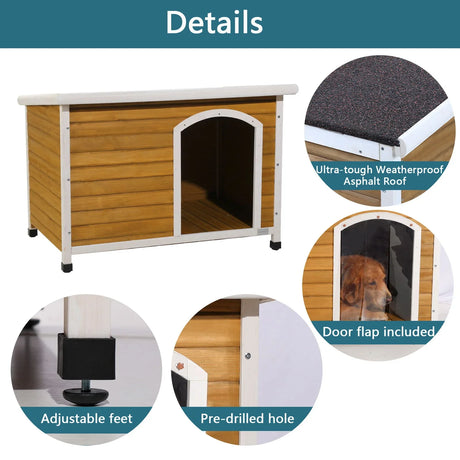 Large Wooden Outdoor Dog House, Waterproof Roof, Elevated Floor, Adjustable Plastic Feet - Yellow - Furniture Home Direct