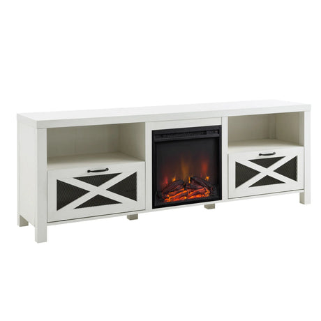 Industrial Farmhouse Metal Mesh Drop Down X Door Fireplace TV Stand - Furniture Home Direct