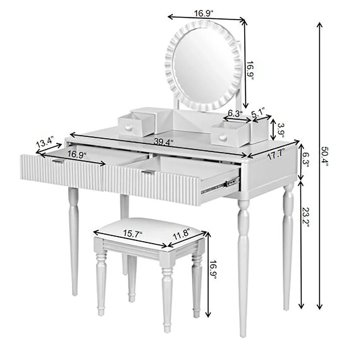 Luxury Vanity Desk With Round Mirror Height Adjustable Dressing Table Set Engineered Wood - Silver - Furniture Home Direct