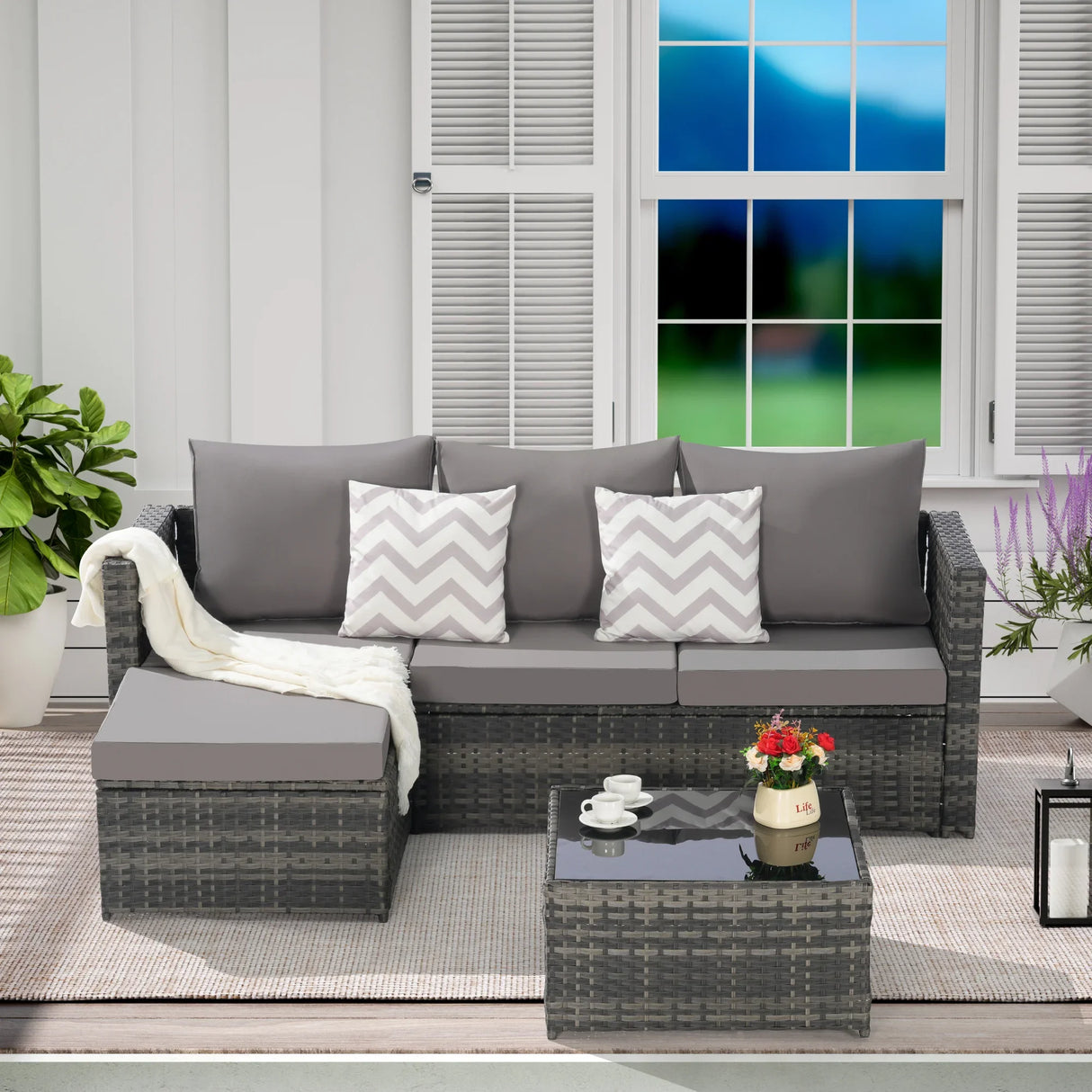 Outdoor Sectional Set with Ottoman - Furniture Home Direct