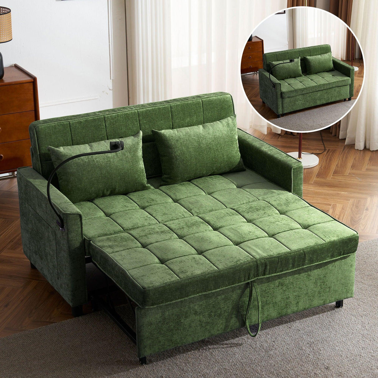Loveseat Sofa Bed Sleeper With Reversible Backrest, Side Pockets, USB Ports, Phone Holder - Furniture Home Direct