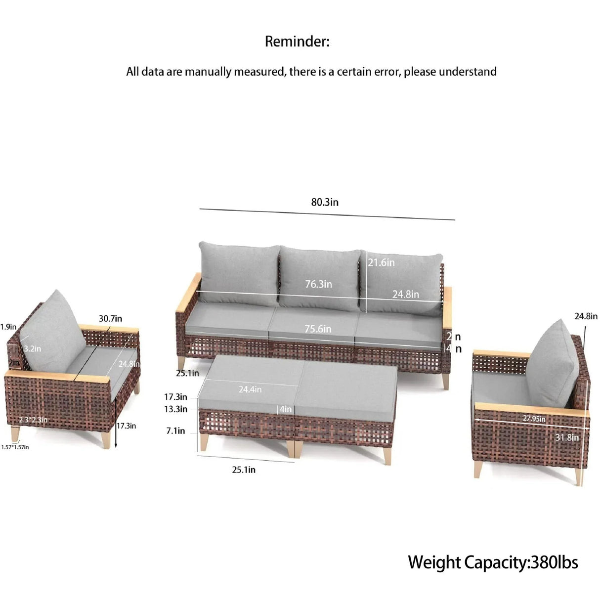 5 Piece Rattan Terrace Furniture Set, 7 Seats Cushions, High Footed Design - Furniture Home Direct