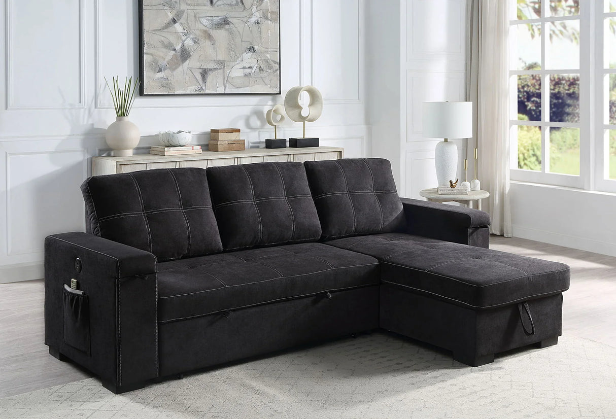 Toby - Woven Fabric Reversible Sleeper Sectional Sofa With Storage Chaise Cup Holder Charging Ports And Pockets - Furniture Home Direct