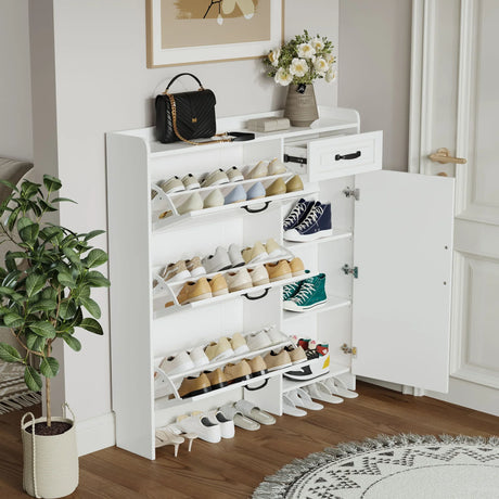 Shoe Cabinet With 4 Doors 1 Drawers, PVC Door With Shape, Large Space For Storage - White - Furniture Home Direct