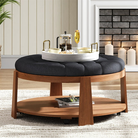 Round Ottoman Coffee Table Oversized Tufted Wood Base Black - Furniture Home Direct