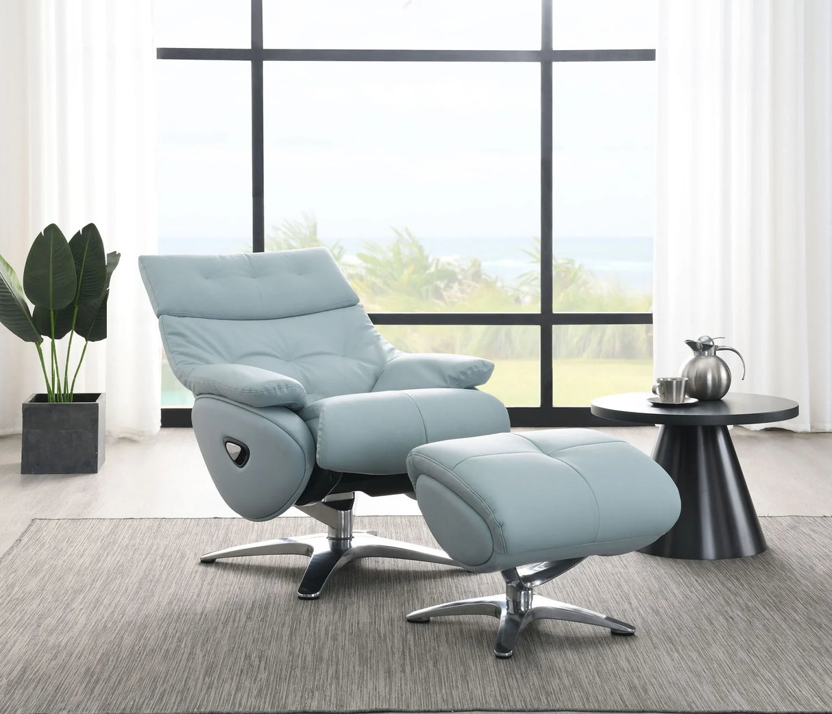 Janella - Top Grain Leather Accent Chair With Swivel & Ottoman - Baby Blue - Furniture Home Direct