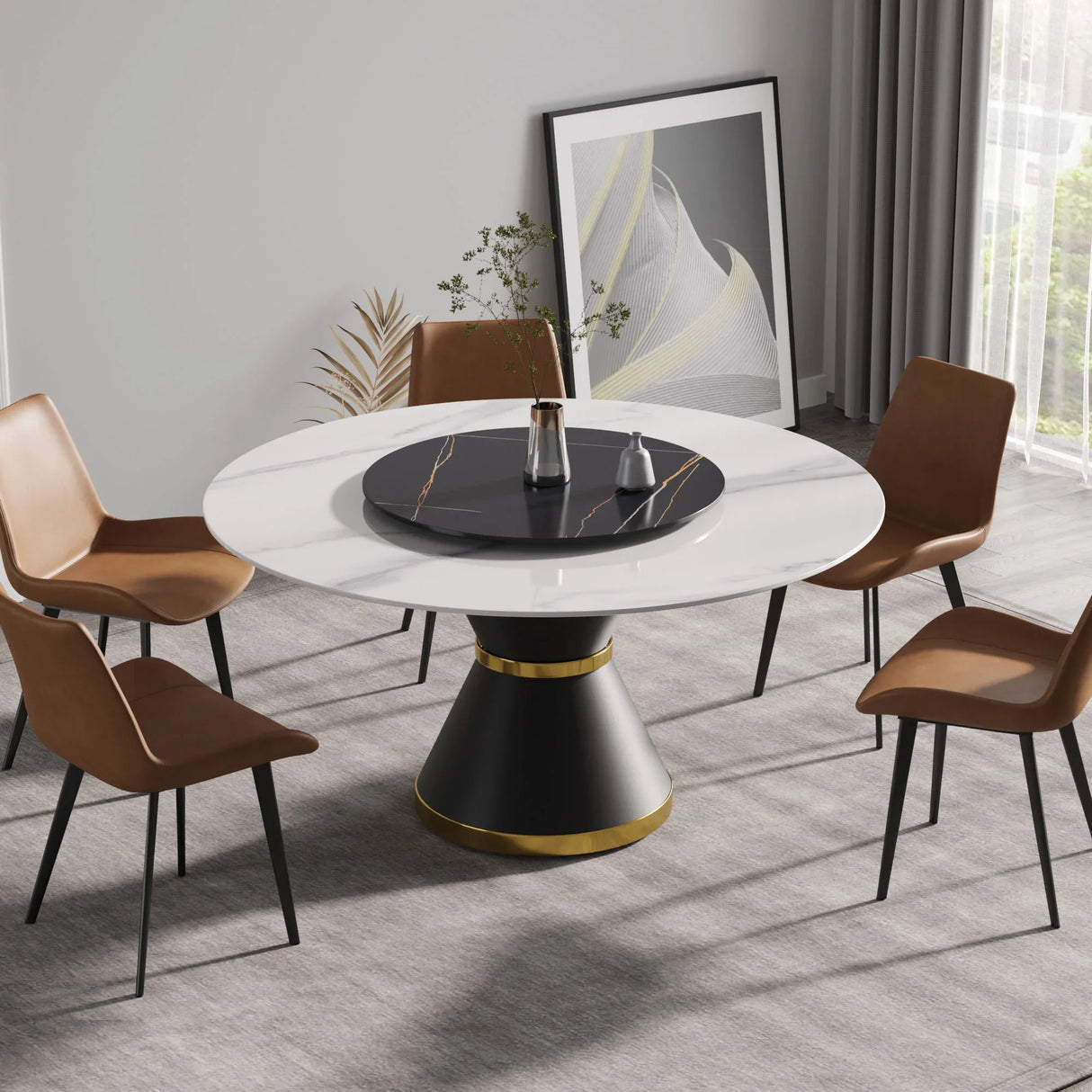 Modern Artificial Stone Round Carbon Steel Base Dining Table, Artificial Stone Turntable - Furniture Home Direct