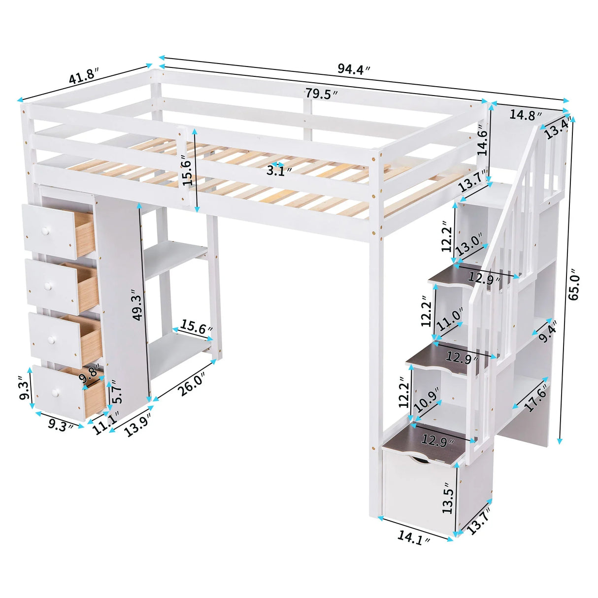 Loft Bed With Storage Drawers And Stairs With Shelves - Furniture Home Direct