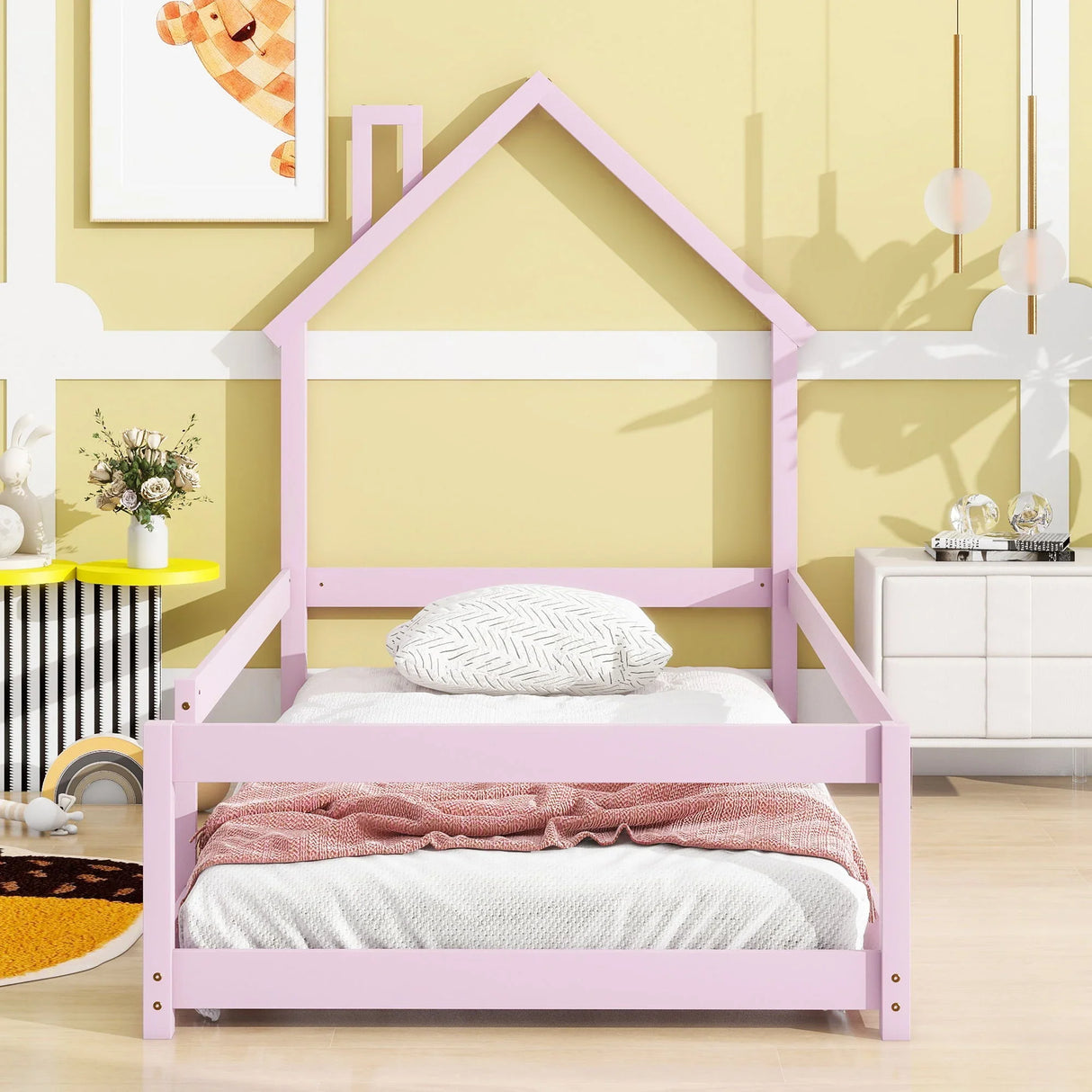 Wood Bed With House Shaped Headboard Floor Bed With Fences - Furniture Home Direct