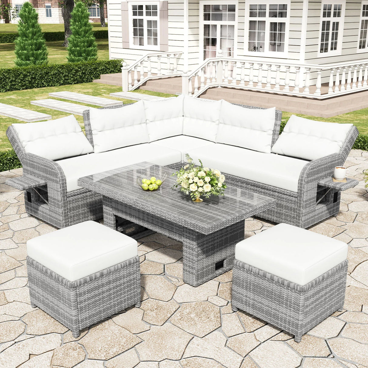 Outdoor Furniture Set Patio Rattan Furniture Set With Adjustable Table, Recliners With Extendable Side Tables And 2 Ottomans - Furniture Home Direct