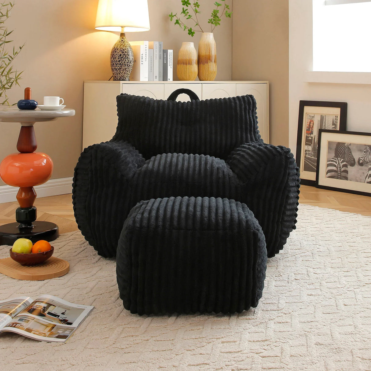 Giant Plush Bean Bag Chair With Armrests And Footstool - Furniture Home Direct